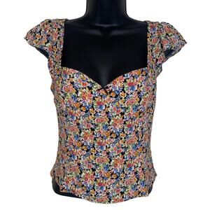 Reformation Smocked Floral Sweetheart Neckline Short Sleeve Top